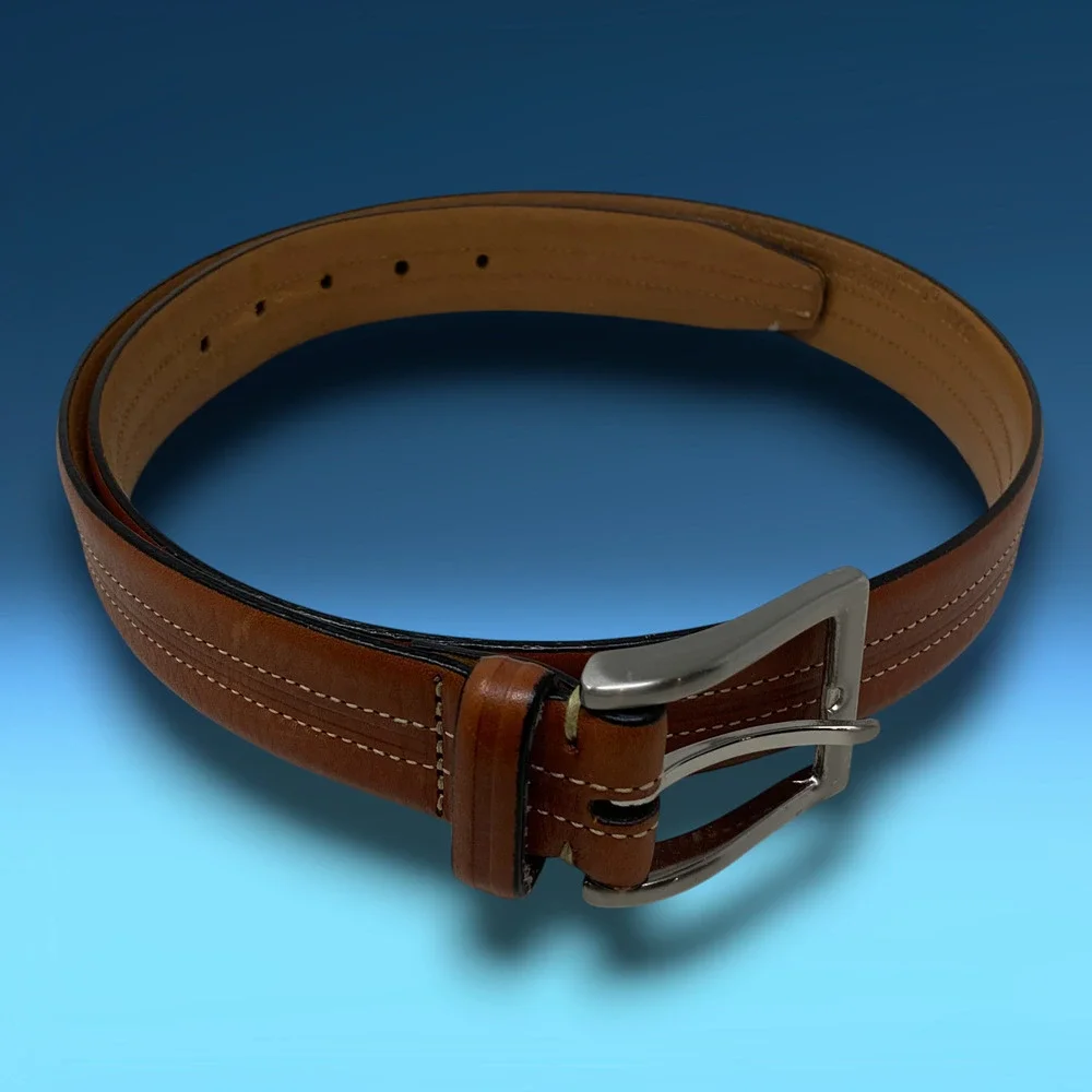 Vintage Y2K Tasso Elba Men's Sz 36 Brown Leather Dress Belt Double Topstitching